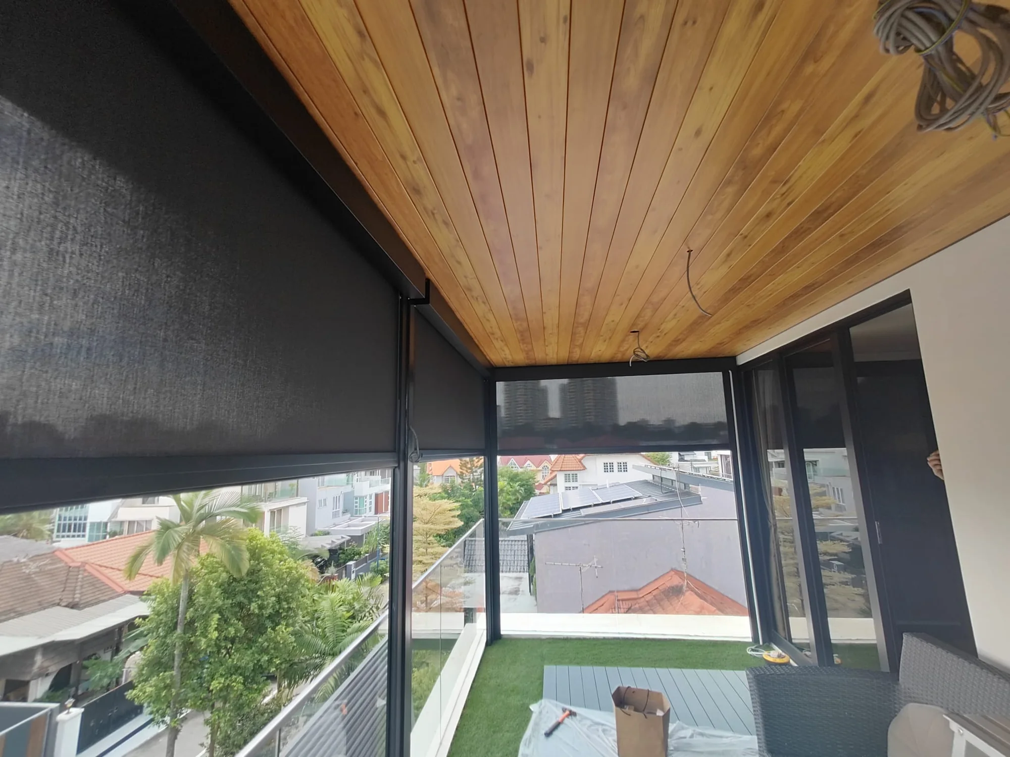 Ceiling with zip blinds, aluminium composite panel roofing installed by Exterior Design in Singapore