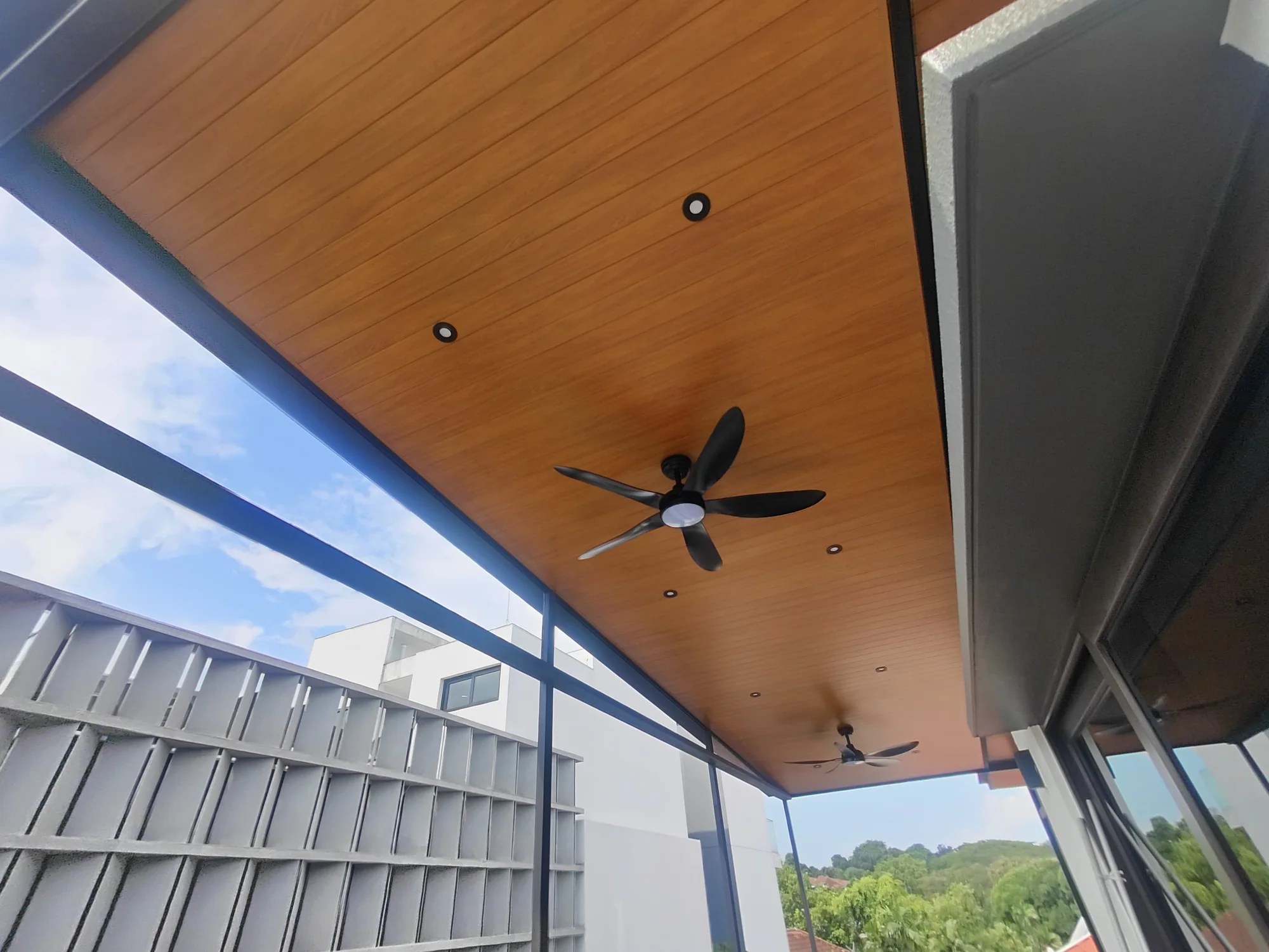 Aluminium composite panel roofing with a flat ceiling finish, landed house Singapore